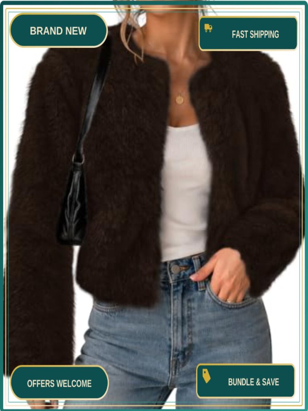 Women's Cropped Faux Fur Coat Long Sleeve Open Front Cardigan